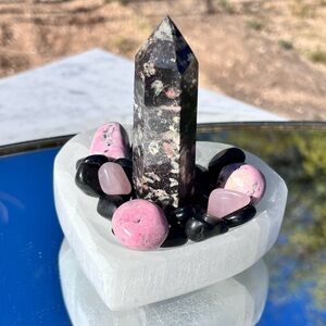Plum Blossom Jasper Point, Rhodonite & Rose Quartz Tumbles, Selenite Heart Bowl